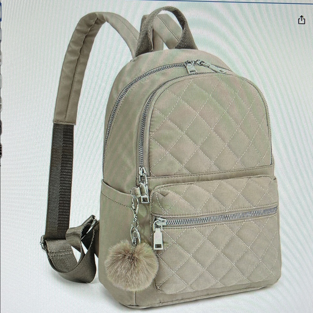 Quilted Mini Backpack with Pom-Pom Accent — Taupe